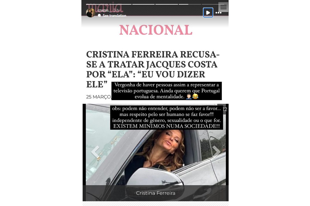 A 'storie' de Noah Cruz a criticar a atitude de Cristina Ferreira perante a concorrente do 'Big Brother', Jacques Costa