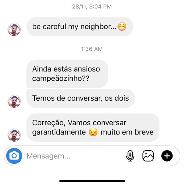 As ameaças enviada pela página de Instagram de Rui Pedro