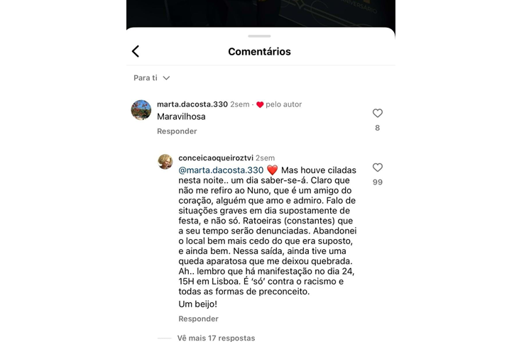 Comentário enigmático de Conceição Queiroz sobre a noite da gala de aniversário da TVI